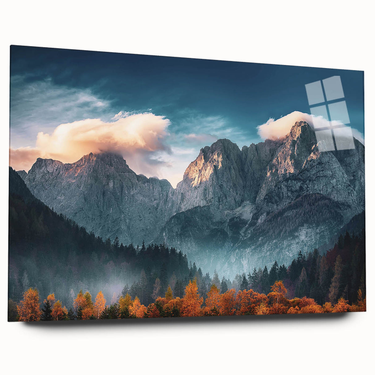 Acrylic wall art collection showcasing a vibrant mountain landscape design, featuring rich colors and intricate details, displayed at an angle for a modern aesthetic.