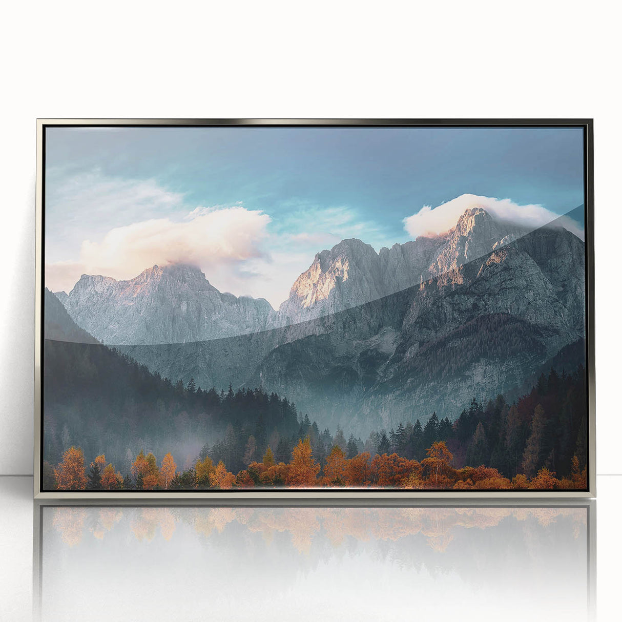 Framed acrylic wall art showcasing a stunning mountain landscape design with silver accents, ideal for adding elegance to modern home decor. Perfect for nature enthusiasts.