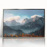 Framed acrylic wall art showcasing a stunning mountain landscape design with silver accents, ideal for adding elegance to modern home decor. Perfect for nature enthusiasts.