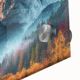 Close-up of a vibrant acrylic wall art piece showcasing a stunning mountain landscape design, featuring rich colors and intricate details, perfect for home decor.
