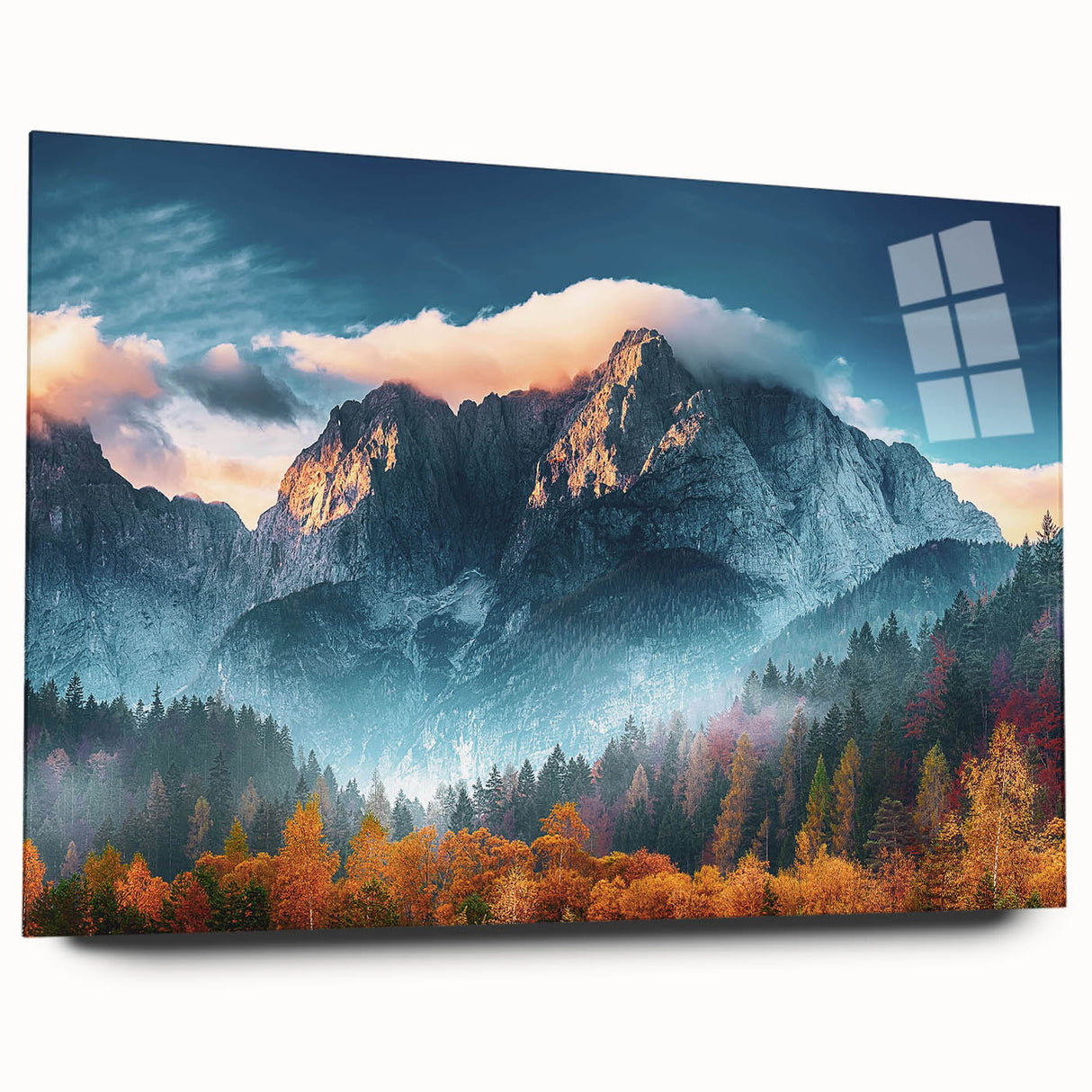 Acrylic wall art design showcasing a stunning mountain landscape, displayed in a side view without pins, featuring vibrant colors and intricate details, perfect for modern decor.