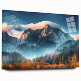 Acrylic wall art design showcasing a stunning mountain landscape, displayed in a side view without pins, featuring vibrant colors and intricate details, perfect for modern decor.