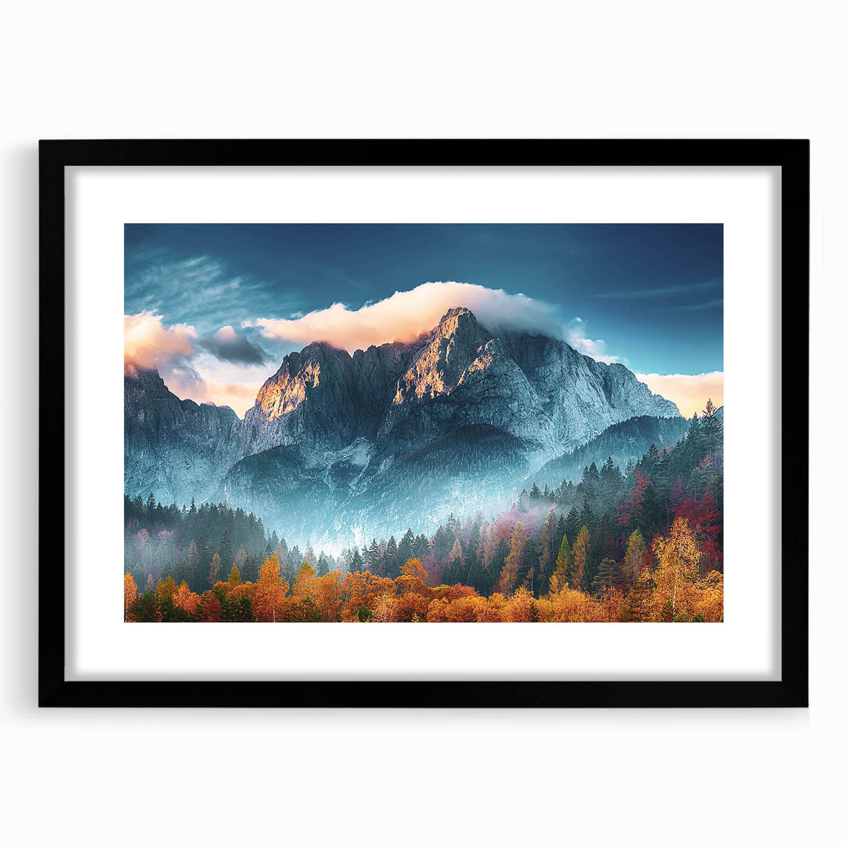 Framed wall art collection showcasing a stunning mountain landscape design with a black frame and mat, perfect for home decor and interior styling.