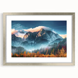 Framed wall art collection showcasing a stunning mountain landscape design in silver frame with matting, ideal for enhancing home decor and creating a serene atmosphere.