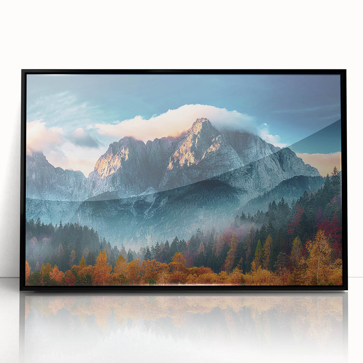 Framed wall art collection showcasing a stunning mountain landscape design in acrylic with a sleek black frame, perfect for modern home decor.