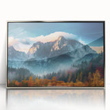 Framed acrylic wall art showcasing a stunning mountain landscape design, featuring vibrant colors and a sleek silver frame, perfect for home decor enhancement.