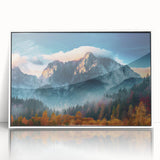 Framed acrylic wall art featuring a stunning mountain landscape design, set in a sleek white frame, ideal for enhancing interior decor with nature-inspired aesthetics.