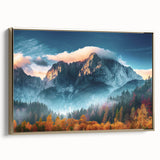 Framed canvas wall art collection showcasing a stunning mountain landscape design with gold accents, ideal for modern home decor, side view displayed elegantly.