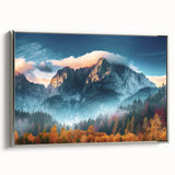 Framed canvas wall art showcasing a serene mountain landscape design with a silver frame, perfect for enhancing home decor and creating a calming atmosphere.