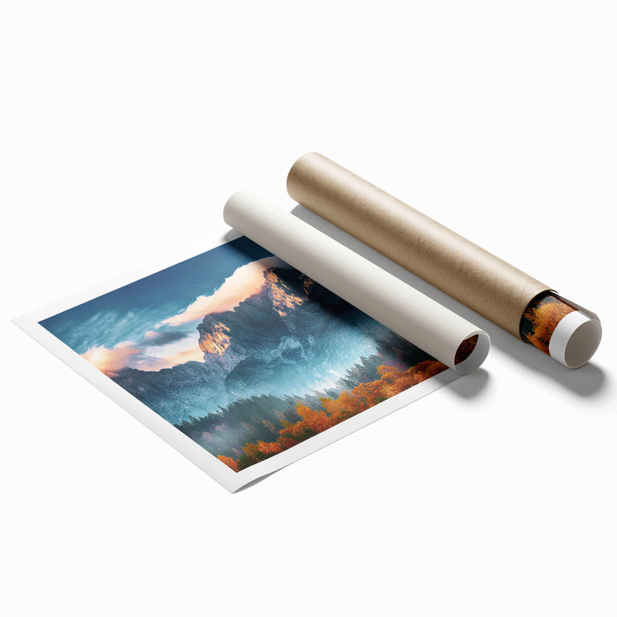 Vibrant rolled canvas print showcasing a serene mountain landscape design, featuring soft blues and greens, ideal for home decor or office art displays.