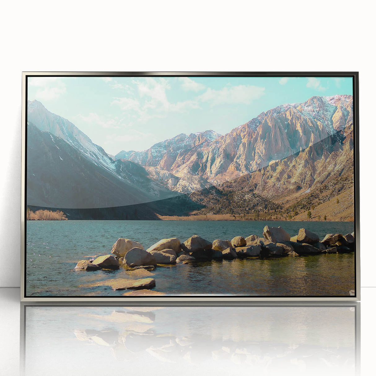 Framed wall art featuring a stunning mountain landscape design with silver-acrylic front, perfect for modern home decor. Ideal for nature lovers and interior design enthusiasts seeking a serene ambiance.