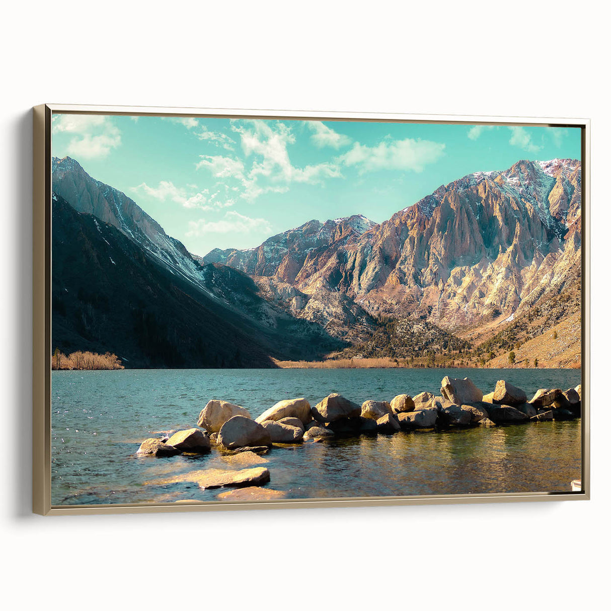 Framed wall art collection showcasing a stunning mountain landscape design with gold accents, displayed from a side view, perfect for home decor.