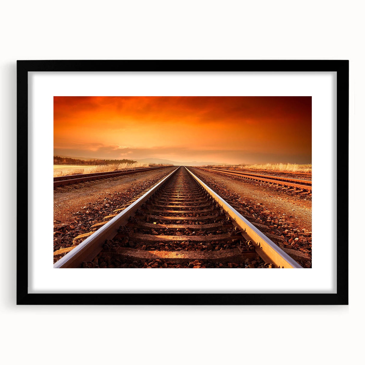 Framed wall art collection showcasing a scenic railroad landscape design with a black frame and mat, perfect for home or office decor. Ideal for train enthusiasts.