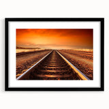 Framed wall art collection showcasing a scenic railroad landscape design with a black frame and mat, perfect for home or office decor. Ideal for train enthusiasts.