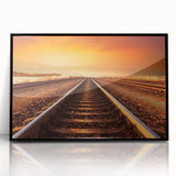 Framed acrylic wall art showcasing a serene railroad landscape design, featuring vibrant colors and intricate details, perfect for modern home decor.