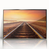 Framed acrylic wall art showcasing a vibrant railroad landscape design, featuring silver accents and a modern look, perfect for enhancing contemporary decor.