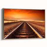 Framed canvas wall art showcasing a vibrant railroad landscape design with gold accents, perfect for adding elegance to modern decor in living spaces.