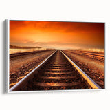 Framed canvas wall art depicting a serene landscape with railroads, featuring lush greenery and a clear blue sky, ideal for home decor.
