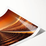 Scenic wall art print depicting a tranquil landscape with a railroad track winding through lush greenery and vibrant skies, perfect for home decor.