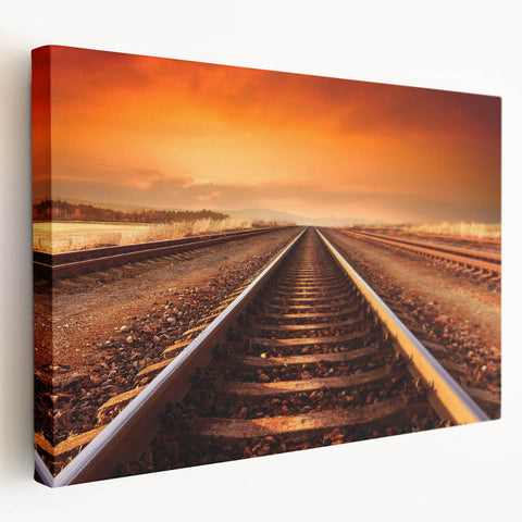 Stretched canvas wall art showcasing a vibrant landscape with railroad tracks, featuring rich colors and intricate details, ideal for modern home décor.