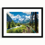 Framed wall art collection showcasing a scenic railroad landscape design, featuring a sleek black frame with a mat, perfect for home decor.