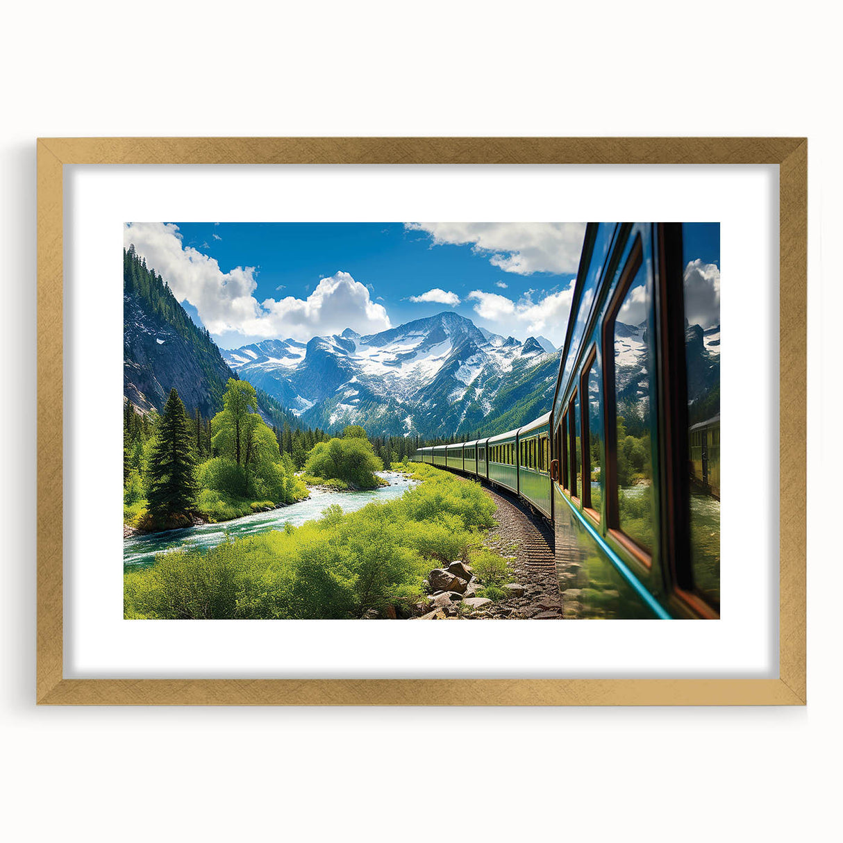 Framed wall art collection showcasing a striking landscapes and railroads design, featuring a gold frame with a mat for an elegant presentation. Perfect for enhancing home decor with a touch of sophistication.