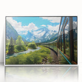 Framed acrylic wall art collection showcasing vibrant railroad landscapes, presented in a sleek white frame, perfect for home décor and art enthusiasts.