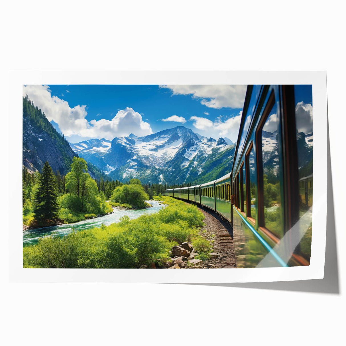 Rolled print of a vibrant landscape featuring a railroad scene, showcasing lush greenery and a clear blue sky, perfect for home decor or art collection.