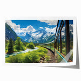 Rolled print of a vibrant landscape featuring a railroad scene, showcasing lush greenery and a clear blue sky, perfect for home decor or art collection.