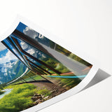 Rolled print of a vibrant landscape featuring a railroad scene, showcasing lush greenery and a clear blue sky, perfect for home decor or art collection.