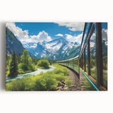 Vibrant stretched canvas wall art showcasing a scenic railroad landscape, featuring lush greenery and a blue sky, ideal for home decor and art enthusiasts.