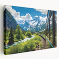 Stretched canvas wall art showcasing a vibrant landscape with a railroad theme, featuring rich colors and intricate details, ideal for home decor and art enthusiasts.
