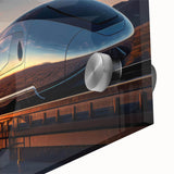 Close-up of a vibrant acrylic glass wall art piece showcasing a detailed railroad landscape design, featuring rich colors and intricate textures, perfect for modern home decor.