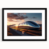 Framed black wall art featuring a scenic railroad landscape design, showcasing vibrant colors and intricate details, perfect for enhancing modern home decor.
