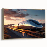 Framed canvas wall art depicting a scenic railroad landscape with golden accents, showcasing vibrant colors and intricate details, suitable for modern home decor.