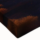 Close-up of a stretched canvas artwork featuring a vibrant railroad landscape design, showcasing intricate details and rich colors, ideal for home decor.