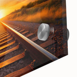 Close-up of a vibrant acrylic glass wall art piece showcasing a scenic railroad landscape design, featuring intricate details and vivid colors, ideal for home décor.