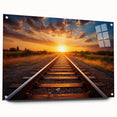 Acrylic glass wall art collection showcasing a vibrant landscape and railroad design. The artwork features vivid colors and is mounted with decorative pins for an elegant display. Perfect for enhancing modern home decor with a touch of artistic flair.
