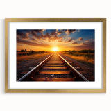 Elegant gold-framed wall art collection featuring serene landscapes and railroads, perfect for enhancing home decor with a touch of sophistication.