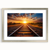 Framed wall art collection showcasing a scenic railroad landscape design, featuring a silver frame with matting, perfect for home decor.