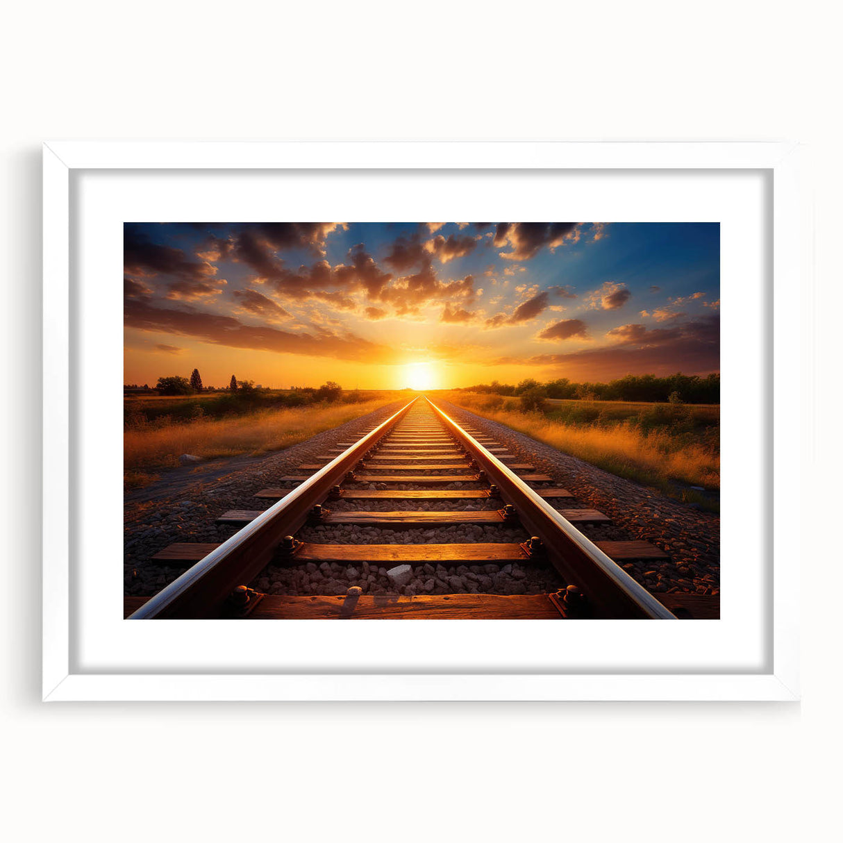 Framed wall art collection showcasing scenic landscapes and railroads, featuring a white mat and sleek frame design, perfect for enhancing interior decor.