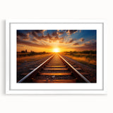 Framed wall art collection showcasing scenic landscapes and railroads, featuring a white mat and sleek frame design, perfect for enhancing interior decor.