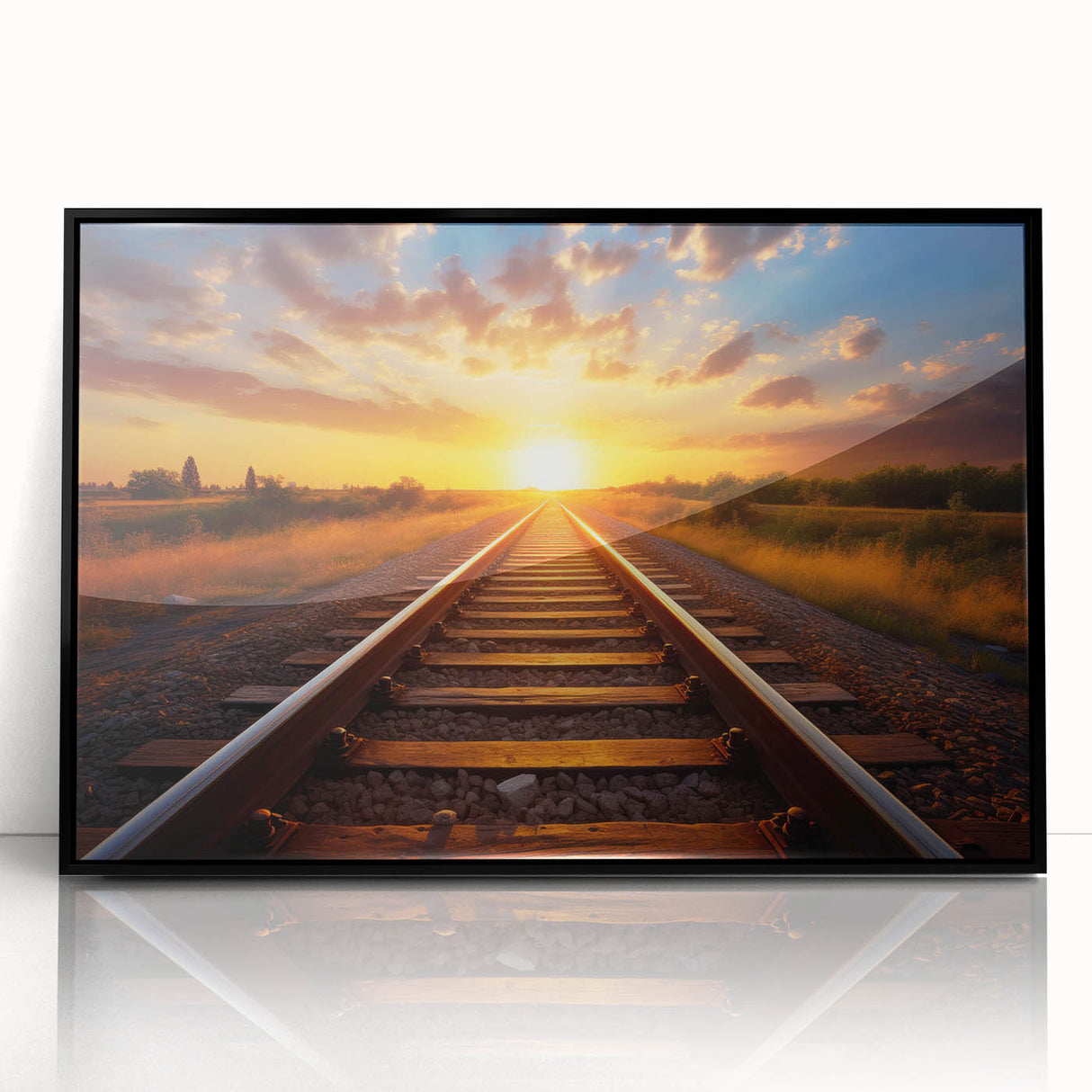 Framed acrylic wall art collection showcasing vibrant landscapes and railroads, featuring a sleek black frame, ideal for modern home decor.