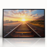 Framed acrylic wall art collection showcasing vibrant landscapes and railroads, featuring a sleek black frame, ideal for modern home decor.