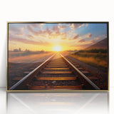 Framed acrylic wall art featuring a stunning railroad landscape design with gold accents, perfect for enhancing modern home decor. This piece captures the beauty of trains against a vibrant backdrop, creating an inviting atmosphere in any room.