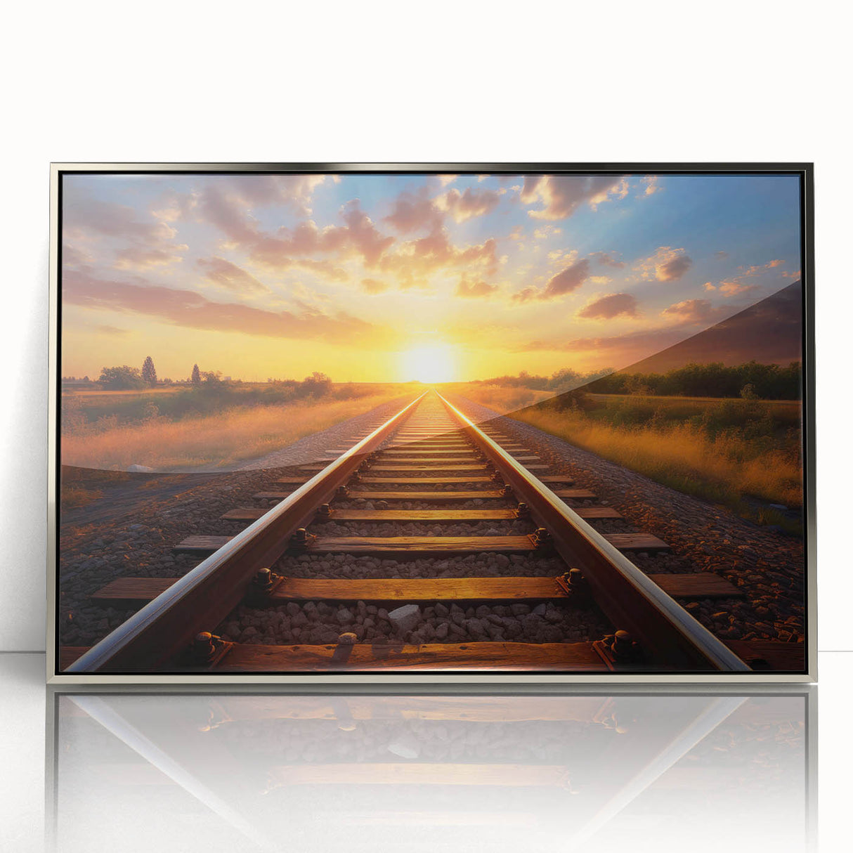Framed wall art collection showcasing a serene landscape with a railroad theme, featuring silver accents and acrylic front, ideal for home decor enthusiasts.