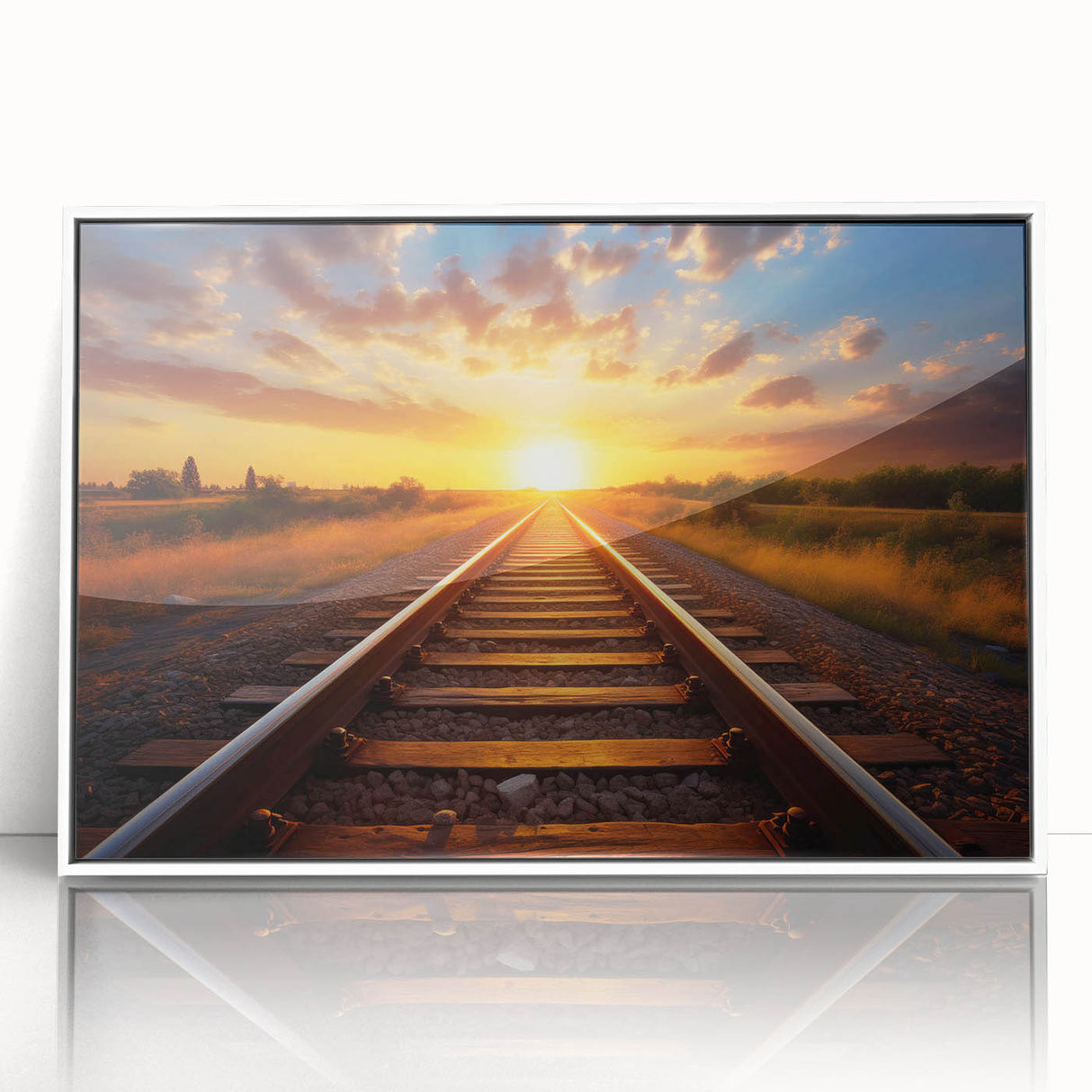 Framed wall art collection featuring a scenic landscape with railroads, elegantly displayed in a white frame. The vibrant colors and intricate details enhance any interior decor.