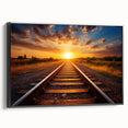 Framed canvas wall art showcasing a scenic railroad landscape design with vibrant colors, set against a sleek black frame for modern decor. Ideal for enhancing living spaces.