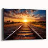 Framed canvas wall art showcasing a scenic railroad landscape design with vibrant colors, set against a sleek black frame for modern decor. Ideal for enhancing living spaces.
