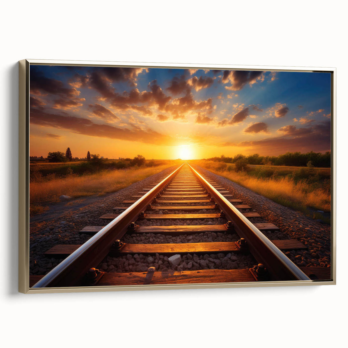 Framed canvas wall art depicting a scenic railroad landscape with vibrant colors and gold accents, ideal for enhancing home decor in a modern setting.